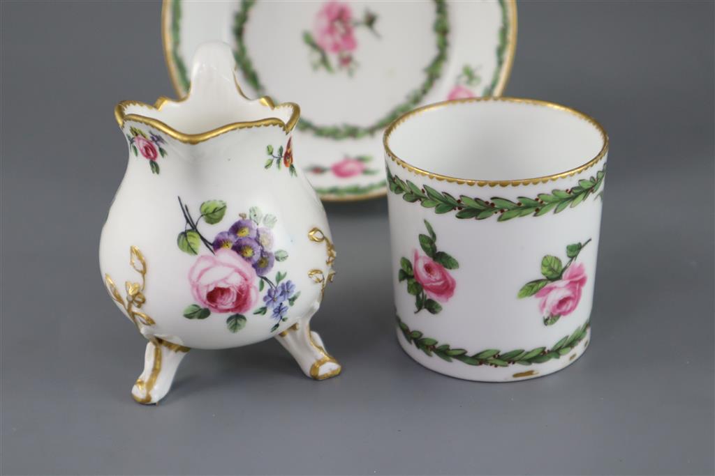 A Sevres cream jug, c.1768, and a Sevres hard paste coffee can and saucer, c.1781, (3)